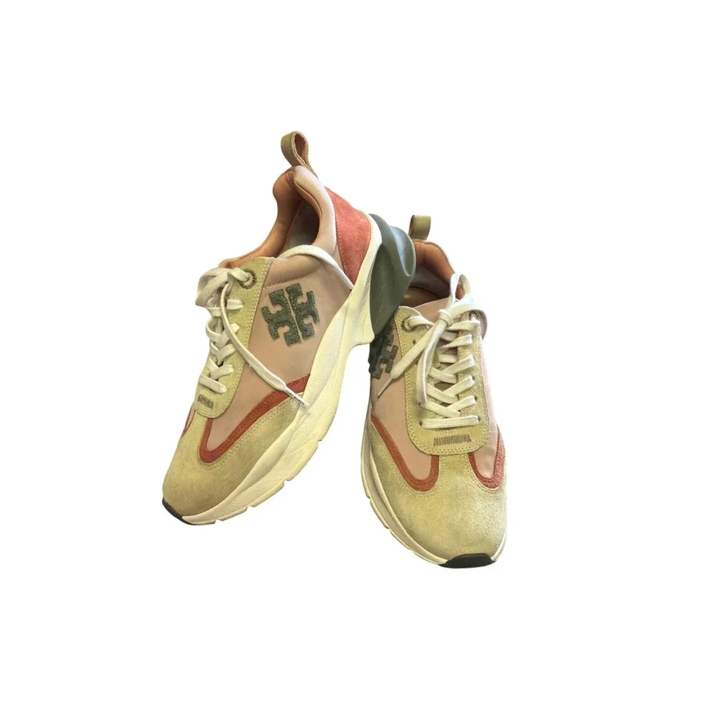 Tory Burch Good Luck Trainer Sneakers Pink Tan Rust Suede Leather 9M 139855